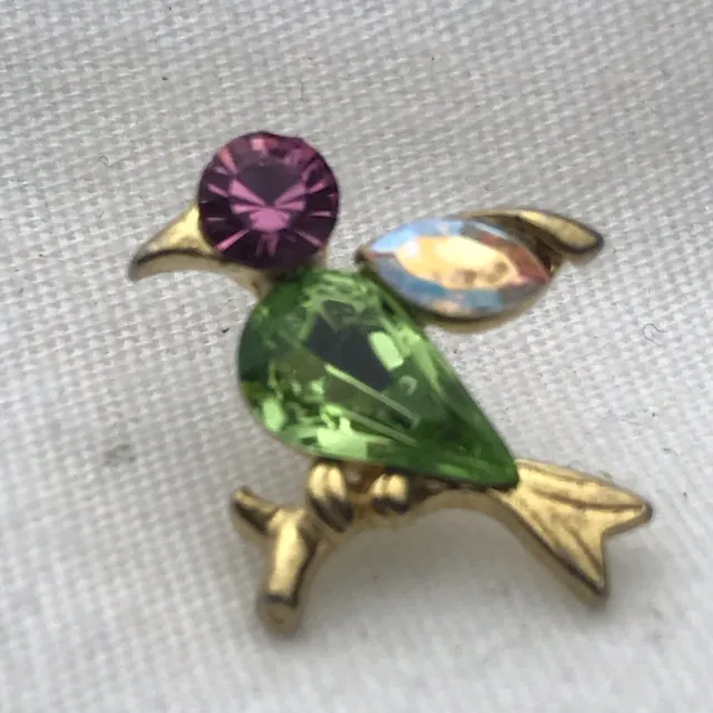 Bird Multi Color Jeweled Brooch Vintage Pin Gold Tone Small