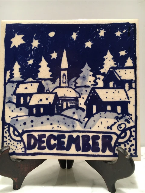 Vtg H & R Johnson Ceramic Blue White Wall Tile Trivet December England Signed 84
