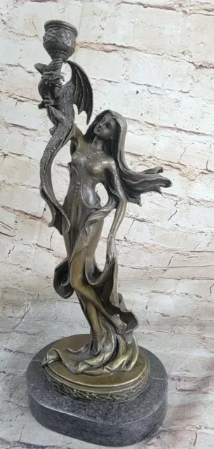 Vintage Firmado Jean Patoue Dragón Mujer Candelero Art Déco Bronce Figura Arte