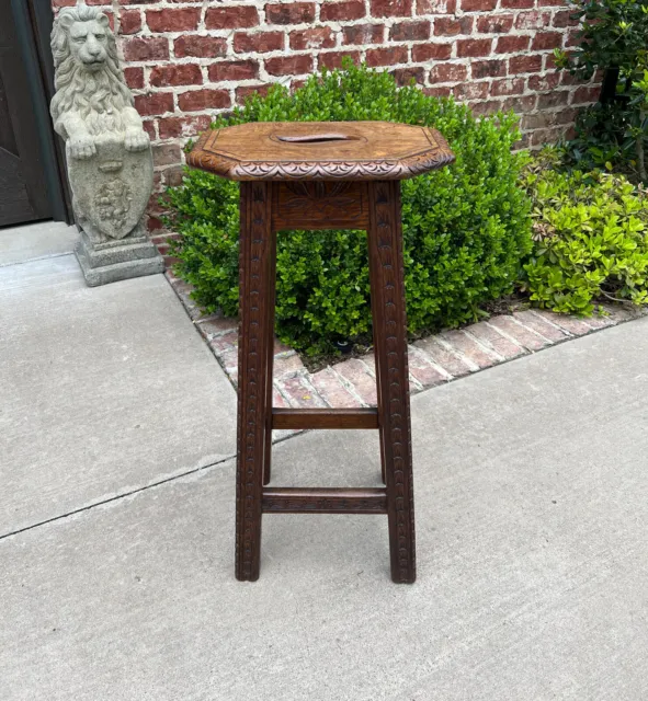 Antique English Pedestal Plant Stand Display Table Barstool Carved Oak 30.5" T