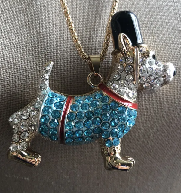 Betsey Johnson NWT Blue Enamel Rhinestone Guard Dog Pendant 23" Chain Necklace