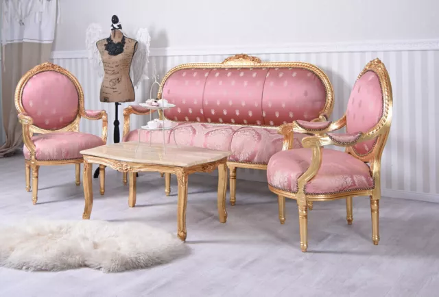 Sitzgruppe Set Barock Möbel Dreisitzer zwei Sessel Couchtisch Salon Suite Sofa