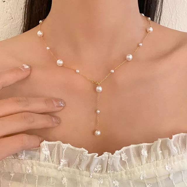 Collana da donna in acciaio inossidabile placcato oro con perle e nappa