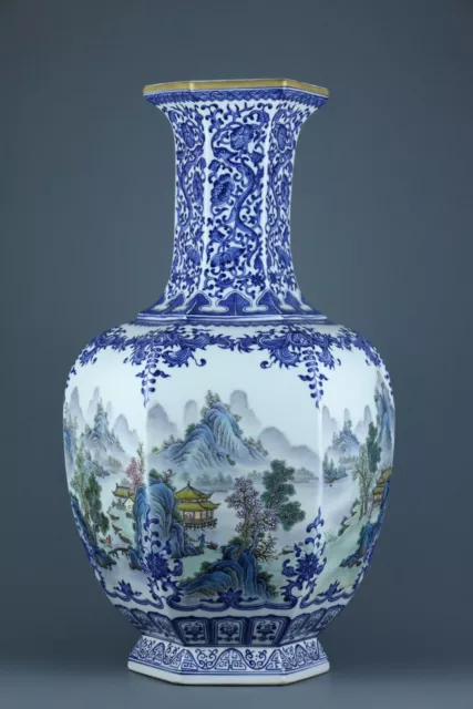 20" China Old dynasty Porcelain qianlong mark famille rose landscape house vase