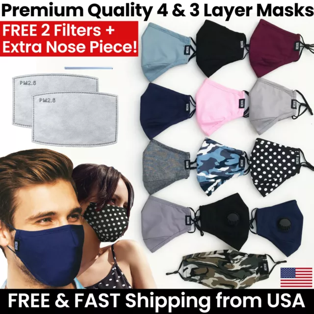 2 PACK - Premium 3 or 4 Layer Face Mask + 4 Mask Filters - Reusable Cotton Cloth
