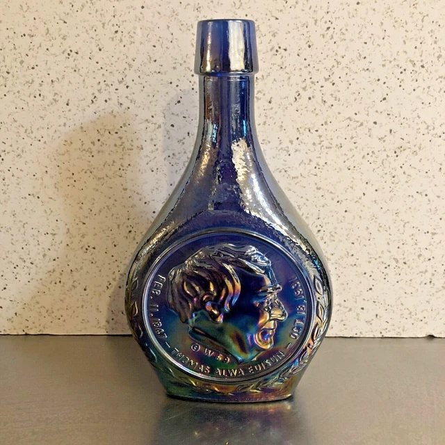 Wheaton Carnival Glass Thomas Edison Bottle Blue Made USA Patriotic Historical