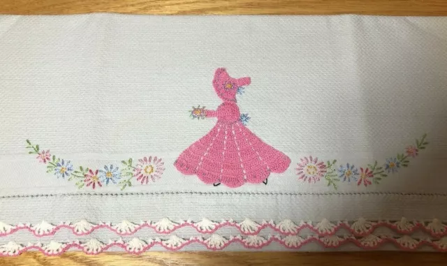 Vintage Crochet Crinoline Lady Pink Trim Embroidered Light Gray Hand Tea Towel 2