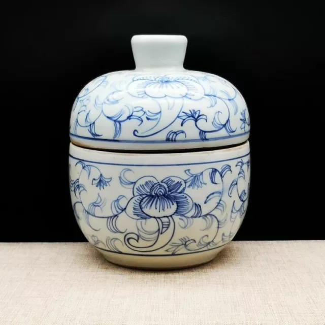 Chinese Qing Blue and White Porcelain Lotus Pattern Pot Tea Caddy 4.72 inch