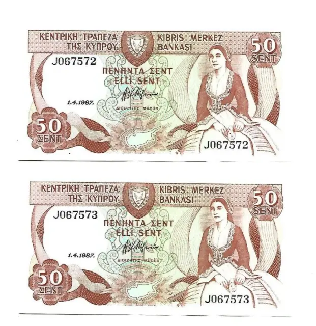 Cyprus 50 cent banknote 1987UNC pair