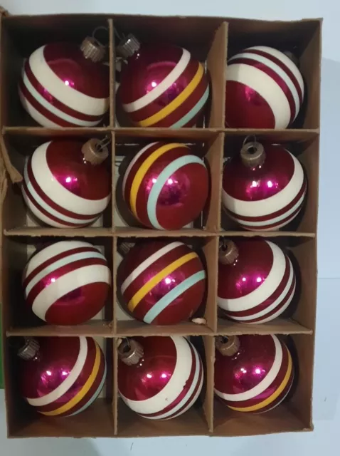 Lot of 12 Vtg Shiny Brite Mercury Glass Pink Striped Christmas Ball Ornaments 2