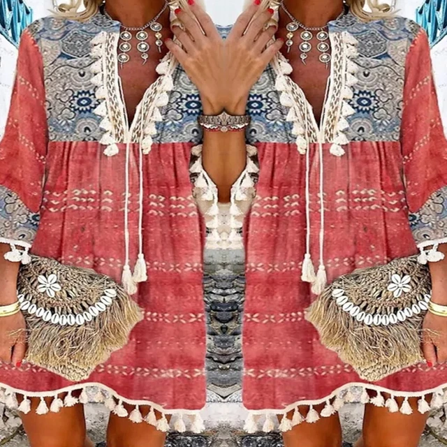 Abito donna alla moda linea A in stile bohémien con nappa e stampa floreale