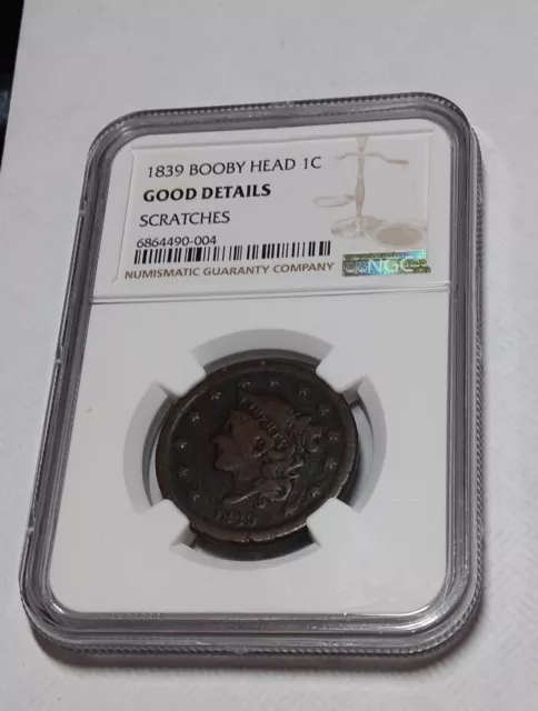 1839 1C Booby Head Braided Hair Large Cent Coin