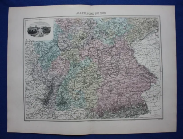 Original antique map SOUTH GERMANY, DEUTSCHLAND, MUNICH, Migeon, 1891