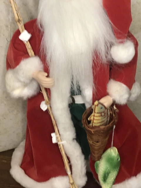 Detailed 16” Porcelain Fishing Santa Claus Doll Ornament, Pole, Fish, Hook 3