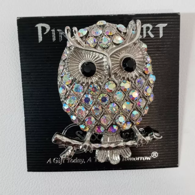 Aurora Borealis AB Pave Crystal Rhinestone Owl Pin Brooch Silver Tone