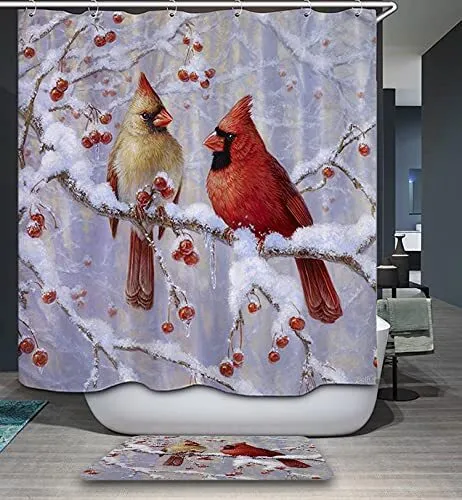 Gojeek Snowy Cardinal Birds Shower Curtain Set Winter Spring Christmas Cardin...