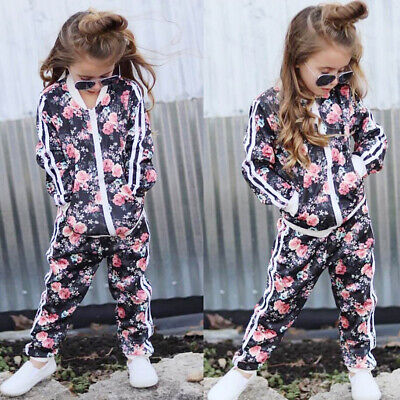 Kids Toddler Girls Tracksuit Floral Sweat Shirt Tops + Pants 2PCS Outfits 2-7Y