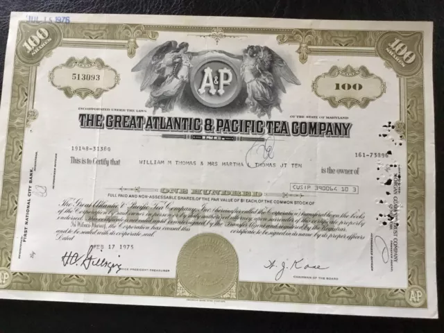 Historische Wertpapiere USA The Great Atlantic & Pacific Tea Company 1975