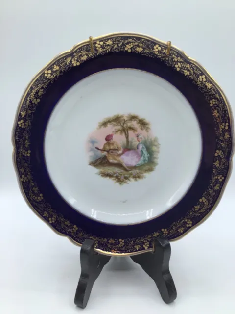 Vintage KPM Berlin Porcelain Watteau Cobalt Blue & Gold Scenic Plate 8 1/8"