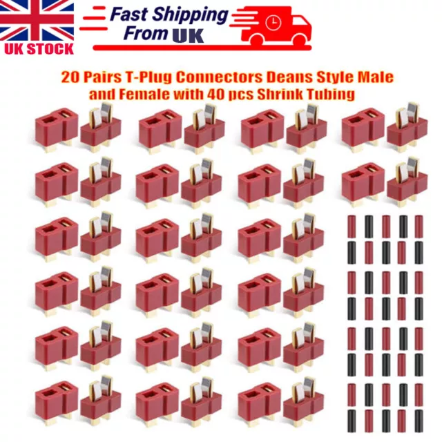 40x T-Plug Connectors Deans Style Male and Female + 40x Shrink Tubing RC Battery