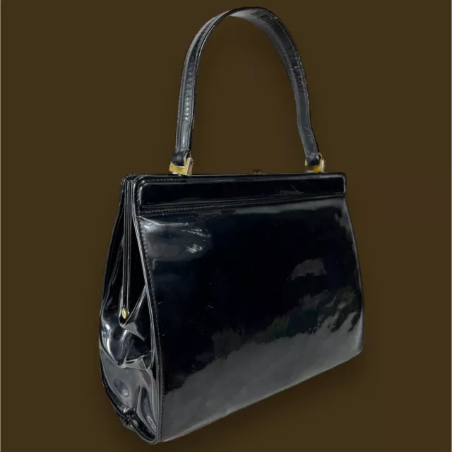 Vintage 50s Patent Leather Top Handle Classic Frame Bag Handbag Purse