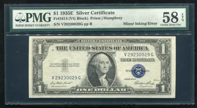 Fr.1614 1935-E $1 Silver Certificate “Treasury Seal Over Ink Error” Pmg Au-58Epq