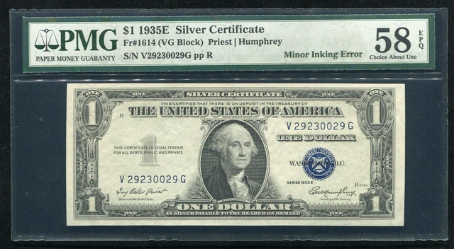 Fr.1614 1935-E $1 Silver Certificate “Treasury Seal Over Ink Error” Pmg Au-58Epq