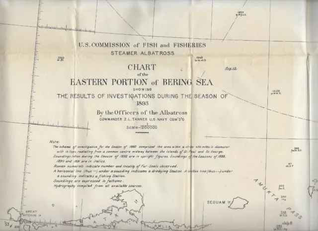 Original Authentic Map 1893 U.S.Commission Fisheries Bering Sea Steamer Albatros