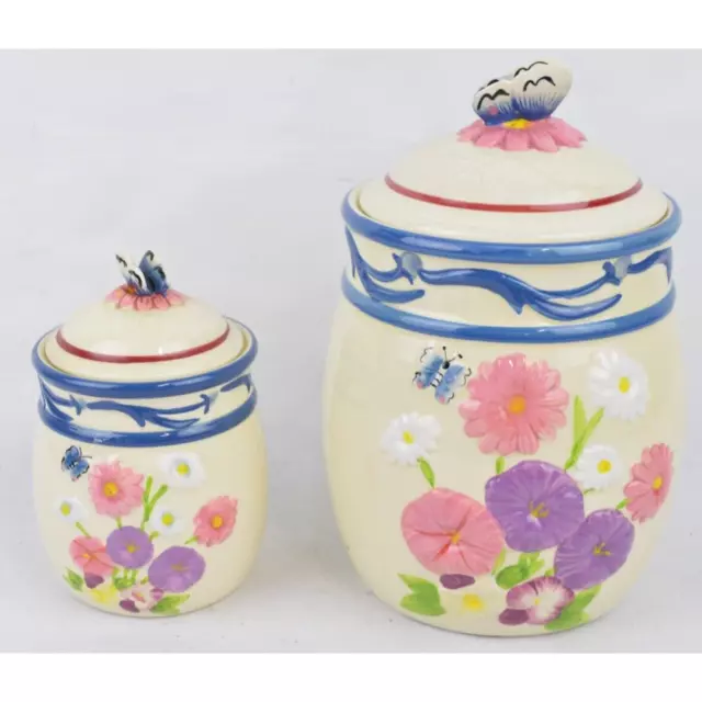 Set Of 2x WMG 2010 Ceramic Jar Canister Butterfly Floral Flowers MUlti-Color