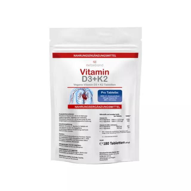 Vitamin D3 5000 IE Premium Qualität + K2 200µg Vitamine 180 Tabletten