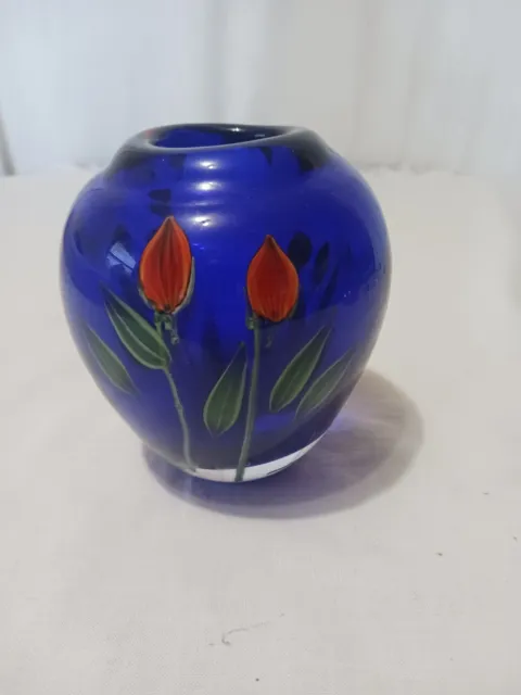 Cobalt Blue Hand Blown Heavy Glass Vase With Orange Flowers, 5 Inches