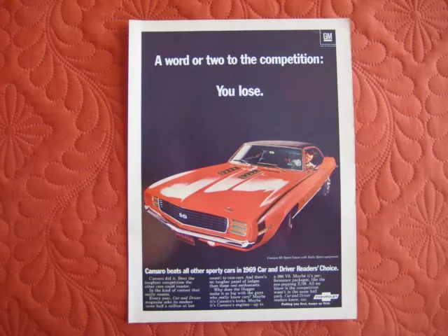 1969 Chevrolet Camaro Ss/Rs Coupe - Original Print Car Ad - Excellent Condition