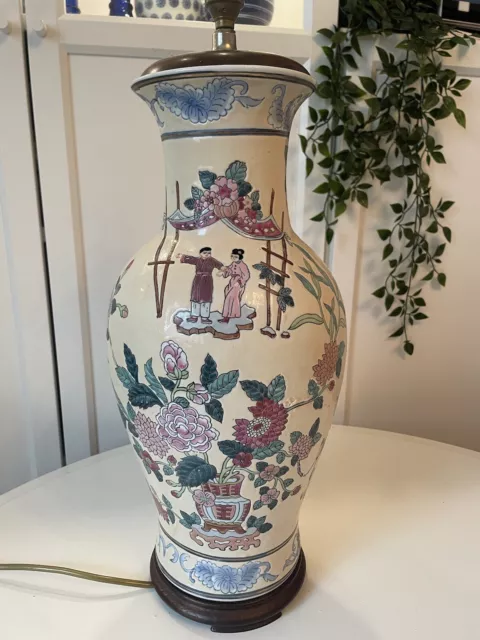 Large Vintage 20Th Century Chinese Famille Rose Porcelain Lamp Oriental Blossom