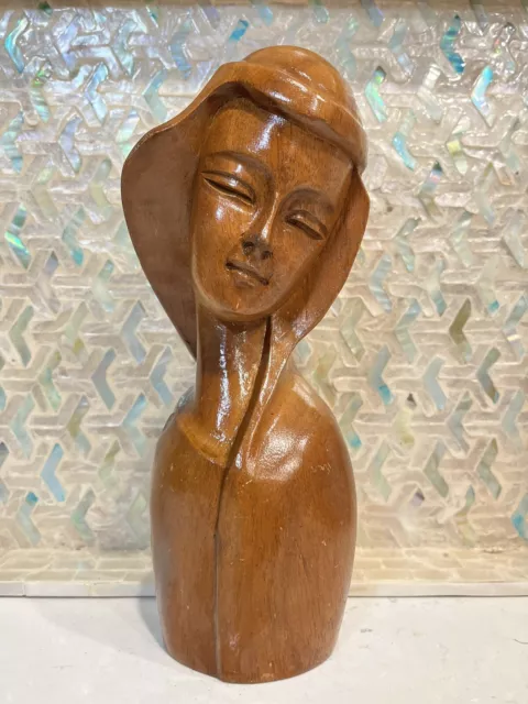 Vintage Hand Carved Wood Woman's Face Bust Beautiful Sculpture Unique Handmade