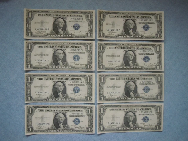 (8) 1935C $1 Consecutive Silver Certificates Uncirculated "Blue Seal" Crisp Gems