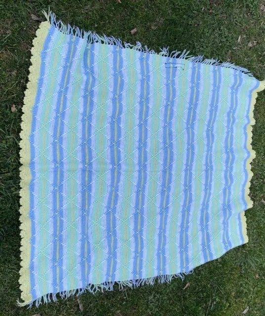 Lovely Hand Crocheted Blu/Wh/Gr/Y Seashell Scalloped And Tassel Edge Baby Afghan