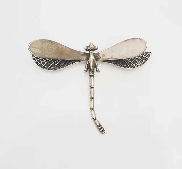 Vintage sterling silver modernist dragonfly insect large pin brooch CII Mexico