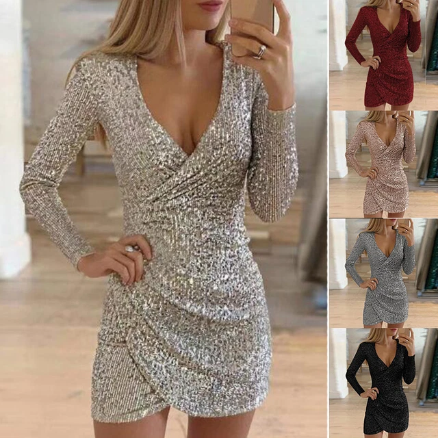Donna Sexy Mini Abito Paillette Glitter Vestito Aderente Sera Festa Cocktail