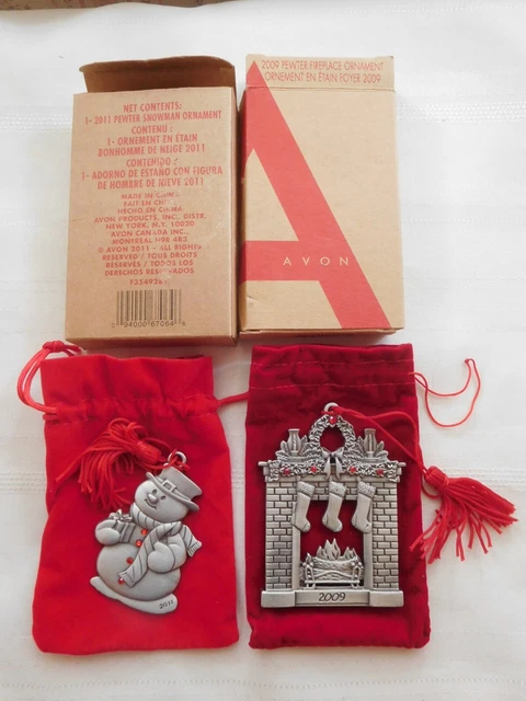 2  AVON Pewter Christmas Tree Ornaments w/ box & bag 2009 Fireplace 2011 Snowman