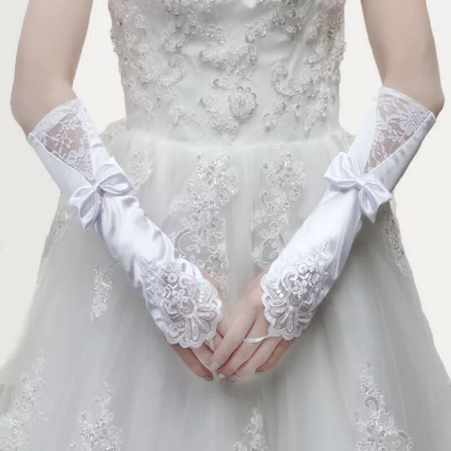 Women’s Wedding Satin Long Gloves Fingerless Lace Bridal Bow Flower Gloves