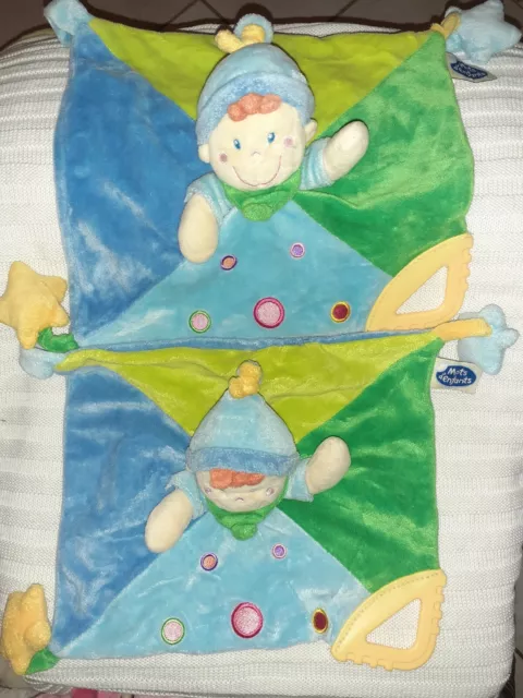 Lot de 2 Doudous Plat garçon bleu/vert Mots D'enfants