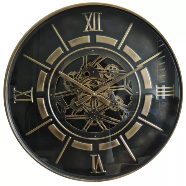 Beautiful 60cm Wall Clock Moving Gears Clock Black & Gold Roman Numerals