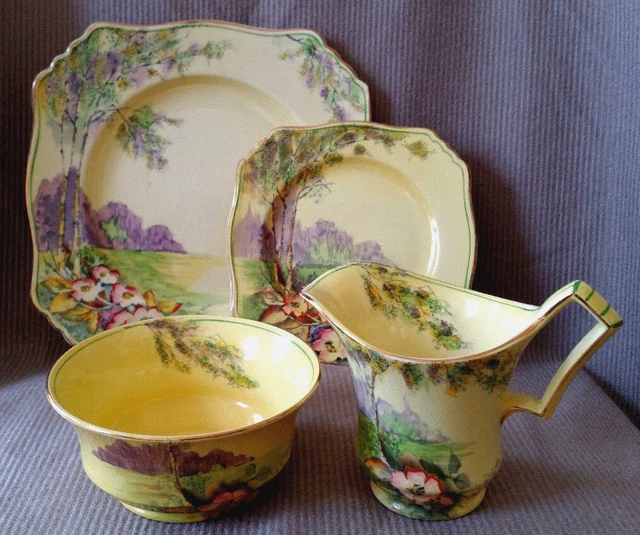 England Royal Winton Grimwades 4070 Porcelain HandPainted Plate Bowl Creamer Set