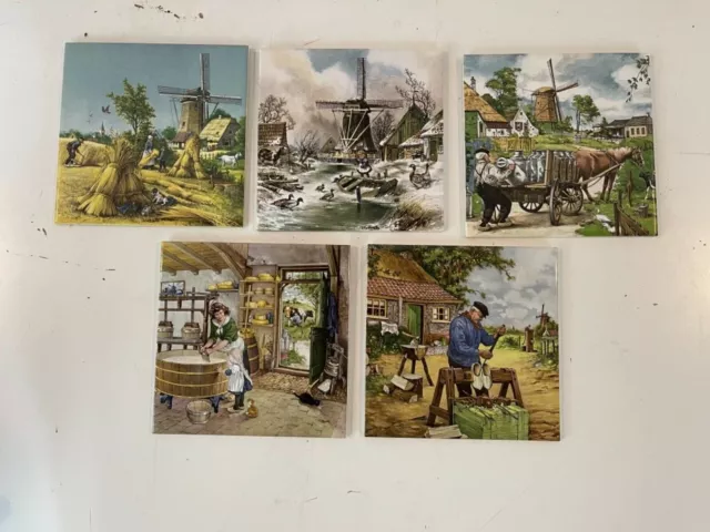 Vintage Royal Mosa Holland Lot of 5 JCV Hannick Ceramic Tiles w/ Village Scenes