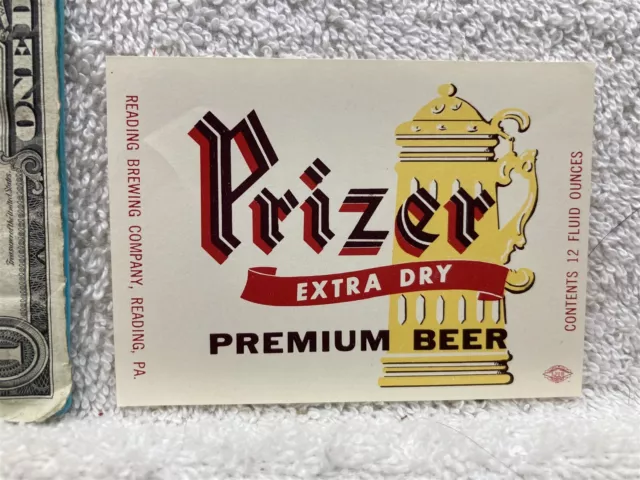 1960's 1970's Prizer Beer Label Single Reading Brewing Pennsylvania PA Vtg