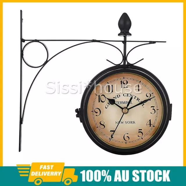 Double Sided Wall Clock Outdoor Garden Train Station Clock Vintage Clock AUS