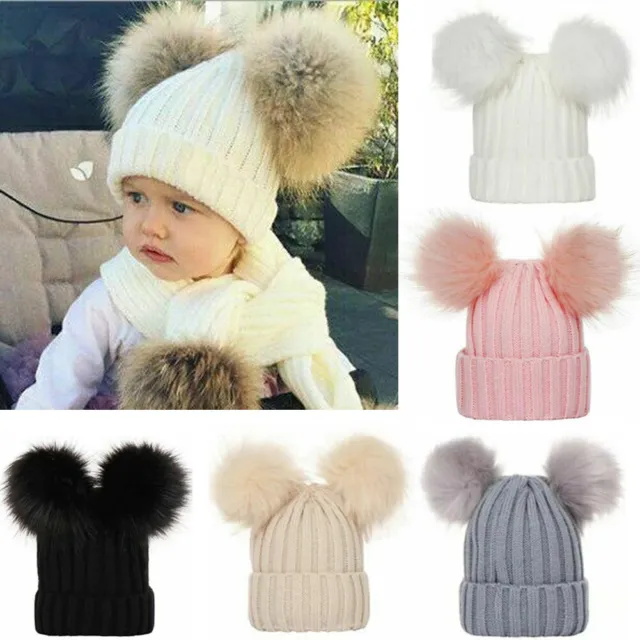 Cappello pompelmo neonato bambini bambina doppia pelliccia inverno lavorato a maglia caldo berretto bobble