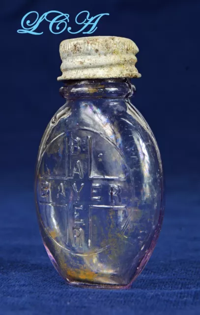 Old BLOWN GLASS antique BAYER bottle HEROIN aspirin w/ 1904 CROSS clean ORIGINAL 3