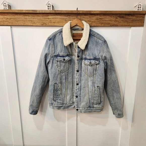 Levis Blue Denim Sherpa Style Fleece Lined Trucker Work Jean Jacket Sz M 90s