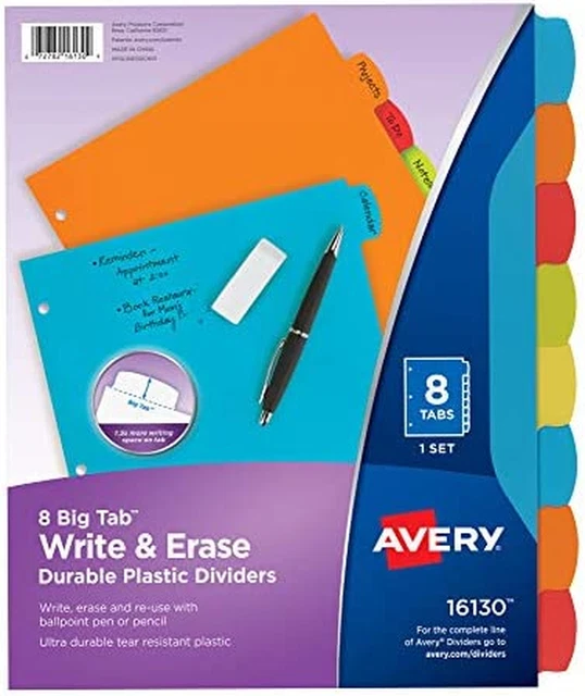 Avery Big Tab Write & Erase Durable Plastic Dividers for 3 Ring Binders, 8-Tab S